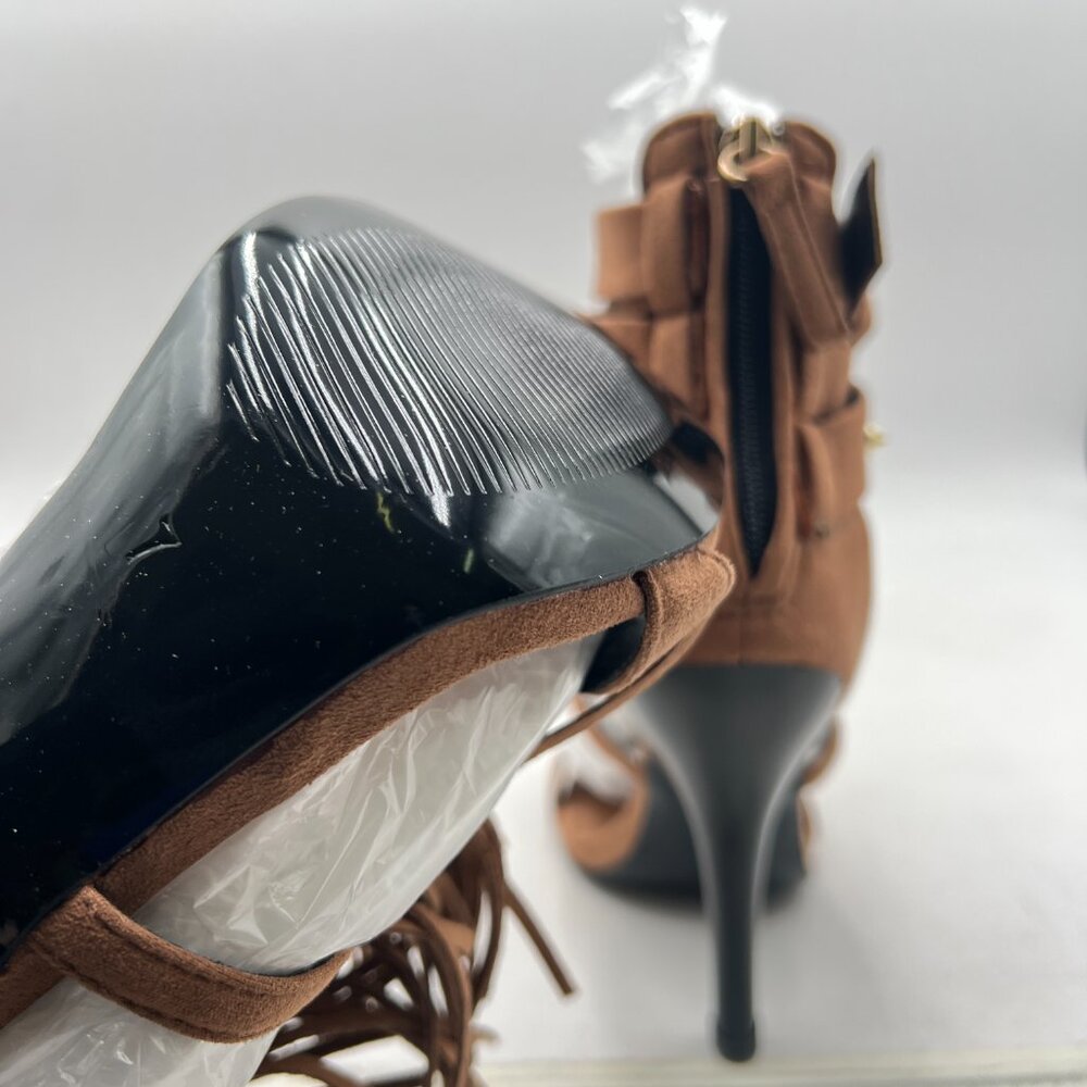 FSJ Brown Tassels Gladiator Open Toe Stiletto High Heel Fringed Rivets Sandals - Picture 6 of 8